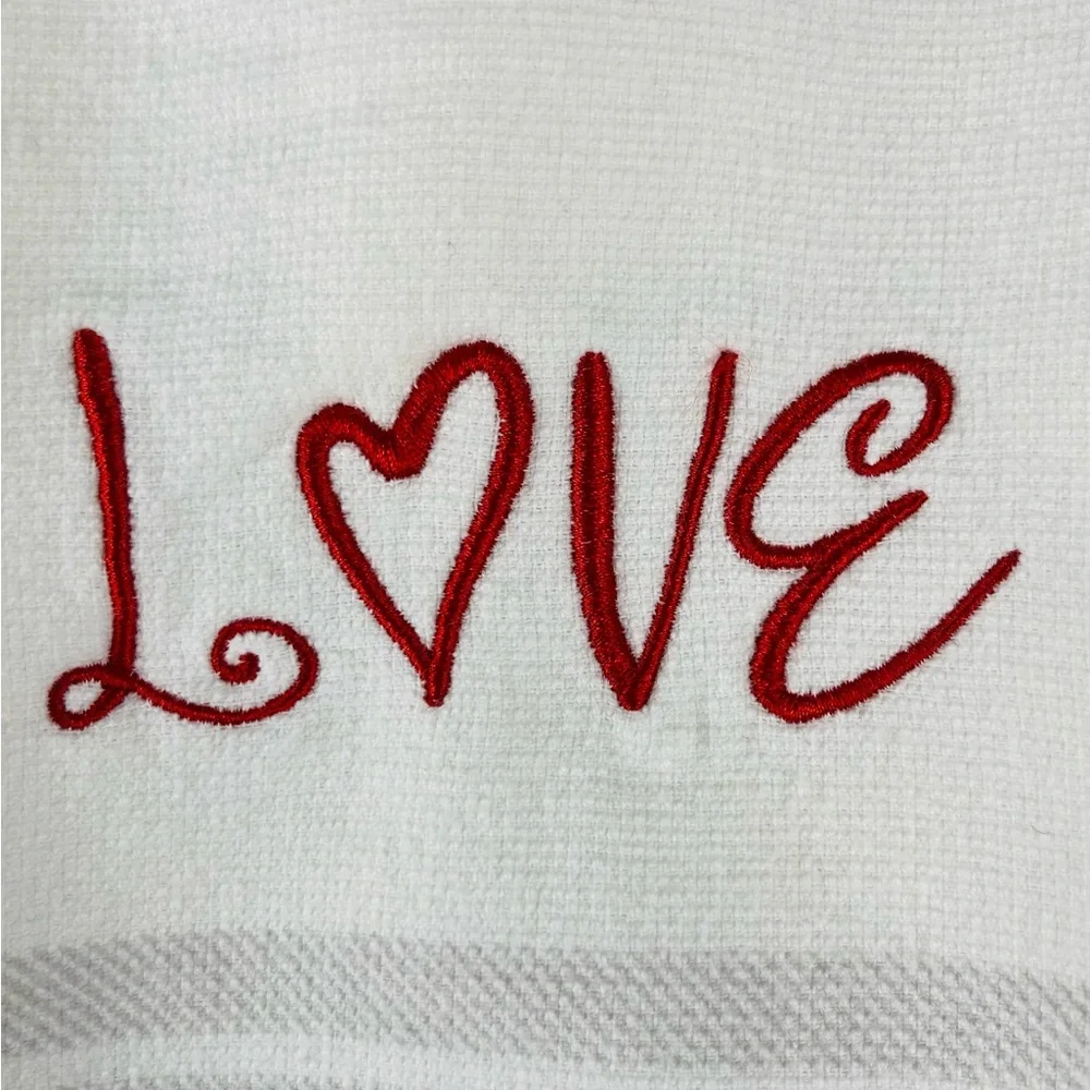NWOT Truly Love Kitchen Hand Towels Embroidered White Red Gray Valentine’s Day
